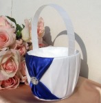 White Wedding Isle Flower Girl Petal Basket with Blue Ribbon & Diamante Ring Design